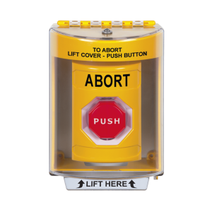 Botón de Abortar, Texto en Ingles, Tapa Protectora de Policarbonato Súper Resistente, Momentaneo