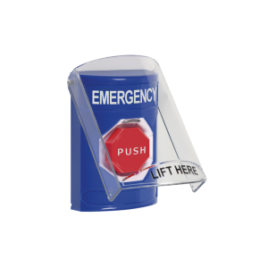 Botón Multipropósito, Color Azul, De Superficie, Con Tapa De Policarbonato, Con Bocina Pre Alarma, Para Interior, Llave Para Restablecer, Texto De Emergencia, Ingles