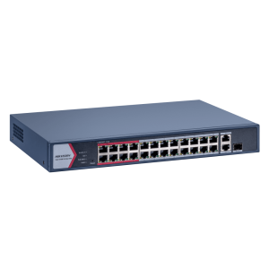 Switch Gigabit PoE+ / Monitoreable / 24 Puertos 1000 Mbps PoE+ / 1 Puerto 1000 Mbps de Uplink / 1 Puerto SFP / Configuración Nube desde Hik-PartnerPro / Modo Extendido hasta 300 Metros / 230 Watts