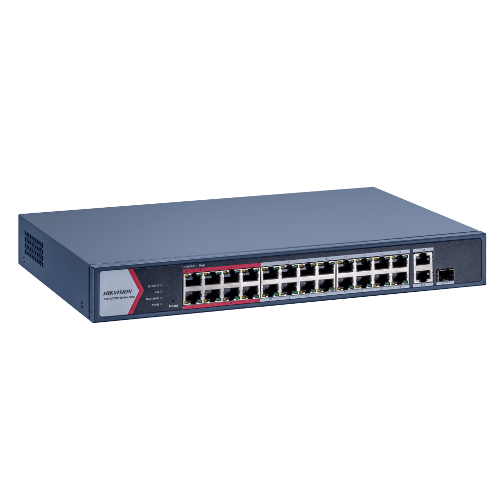 Switch Gigabit PoE+ / Monitoreable / 24 Puertos 1000 Mbps PoE+ / 1 Puerto 1000 Mbps de Uplink / 1 Puerto SFP / Configuración Nube desde Hik-PartnerPro / Modo Extendido hasta 300 Metros / 230 Watts