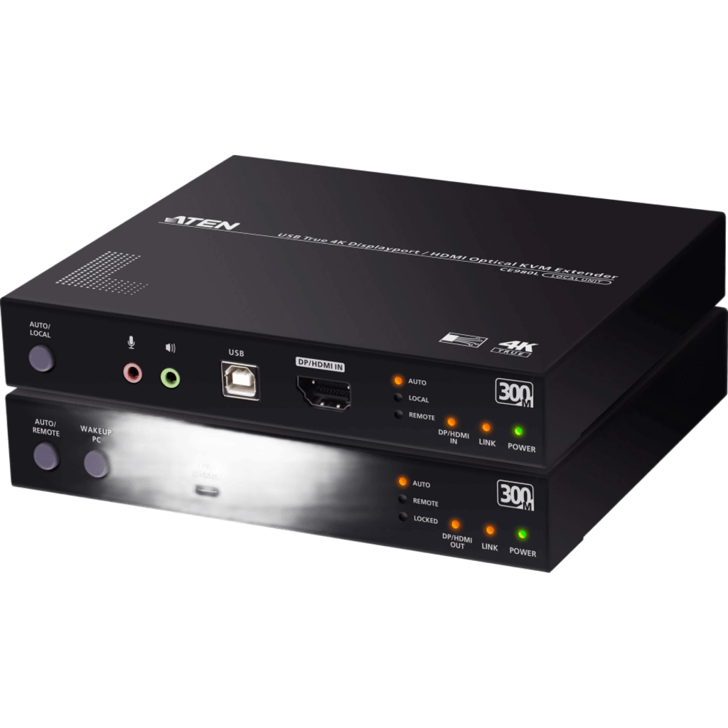 Extensor KVM Óptico USB True 4K | DisplayPort-HDMI | 300 m (984.3 ft) | Resolución 4K @ 60 Hz 4:4:4 | HDR10 | RS-232 | USB 2.0 | Audio Estéreo y Embebido | SFP+ 10 Gbps