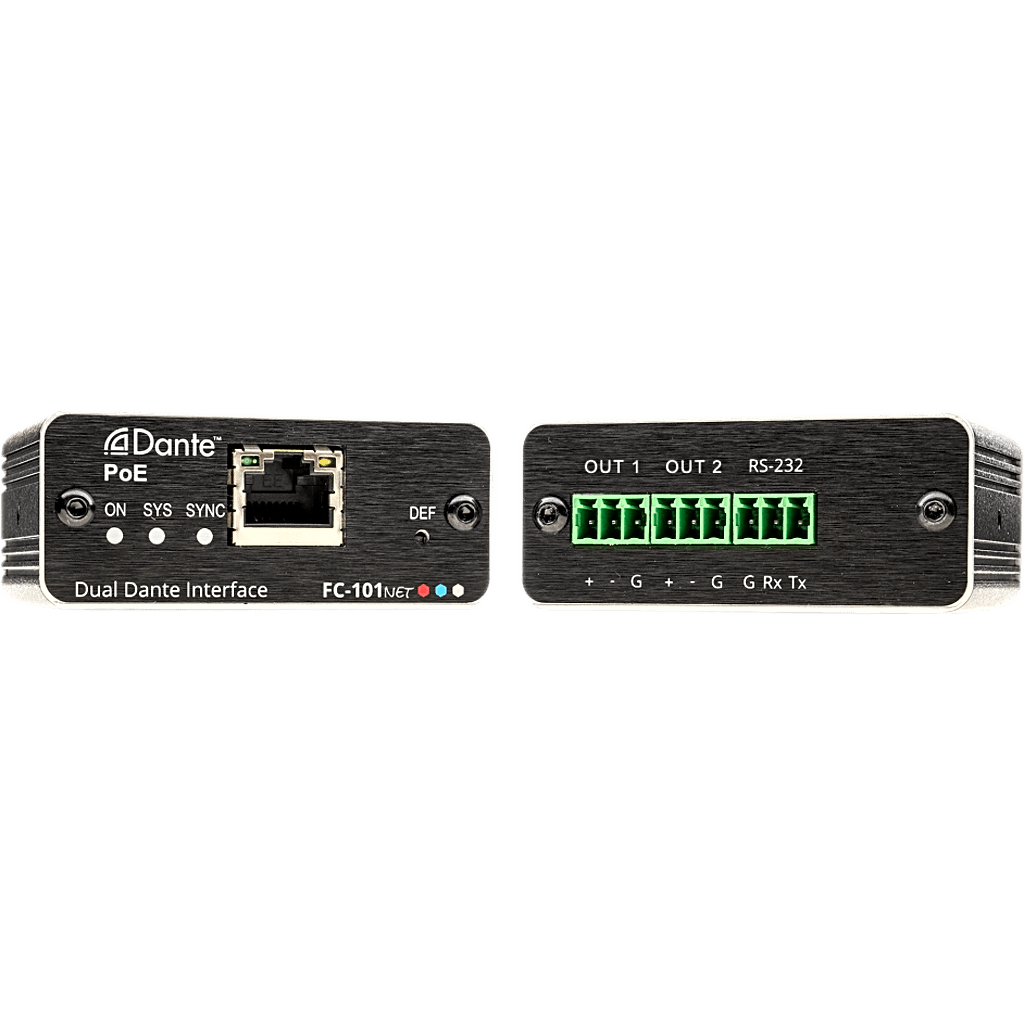 Decodificador Dante | 2 Canales | Salidas Mono Balanceadas | Alimentación PoE | Control de Volumen | Conversión 32 bits | Frecuencia de Muestreo 96 kHz | Kramer Protocol 3000