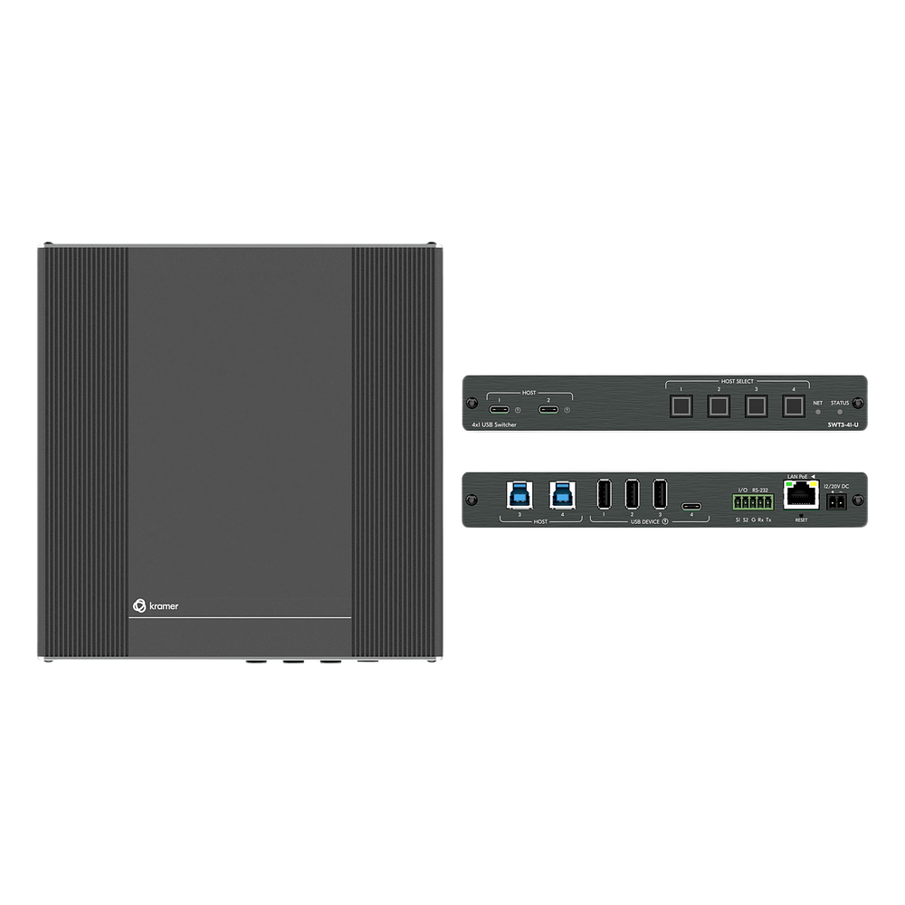 Switcher USB 3.2 | 2 Hosts USB-C con PD 3.0 | 2 Hosts USB-B | 4 Puertos USB Periféricos | Conmutación Automática | Control IP y RS-232 | PoE | Alimentación 20V DC 80W | MegaTOOLS™ Fan-less