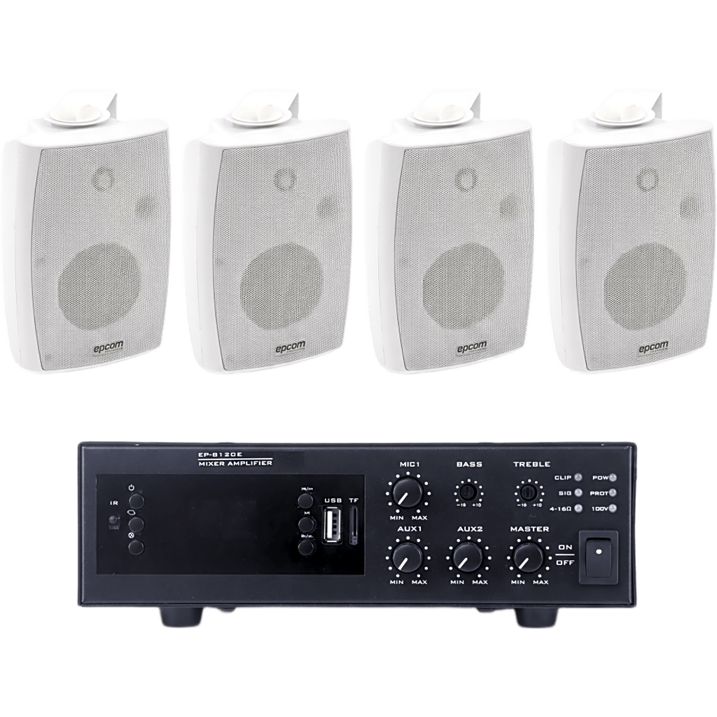 KIT de Amplificador de 120W para Escritorio | 4 Altavoces de Pared color Blanco 2.5W - 20W | Sistema 70/100V