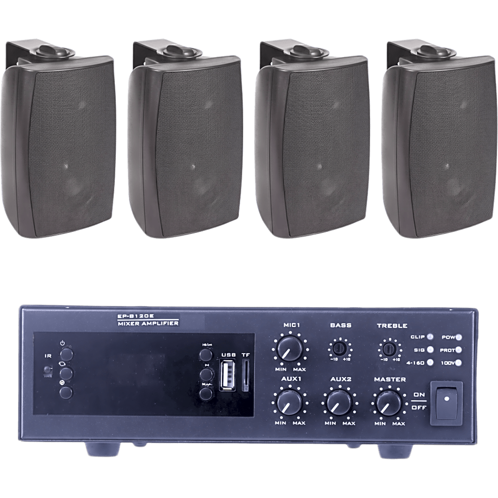 KIT de Amplificador de 120W para Escritorio | 4 Altavoces de Pared color Negro 2.5W - 20W | Sistema 70/100V
