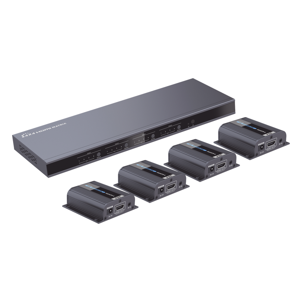 MATRICIAL Y EXTENSOR DE VIDEO HDMI 4 x 4 / 4 Entradas HDMI / 4 Salidas HDMI Loop / 4 Salidas RJ45 para Extender la señal 40 metros por salida / 1080 @ 60Hz / Conmutación por RS232, Control Remoto o Ethernet.
