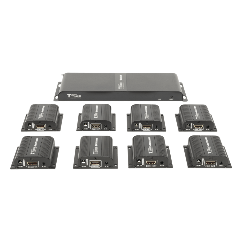 Kit Divisor y Extensor HDMI (Extender Splitter) / Divide 1 Fuente HDMI a 8 Pantallas / Extiende la señal HDMI hasta 40 m / Resolución 1080P @ 60 Hz / Cat 6/6a/7 / Uso 24/7 / Salida Loop en el Tx / IR / Alimente solo el Tx (PoC).