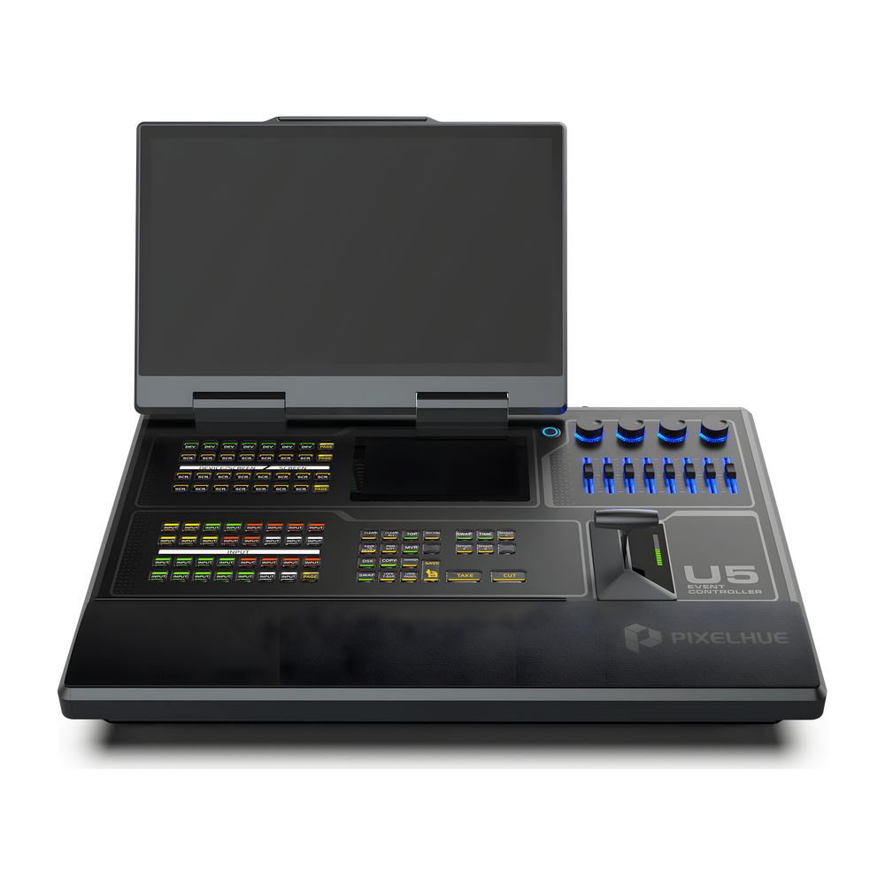 Controlador de Eventos Compacto U5 / Pantalla Táctil Principal 21.5" / Pantalla Inteligente 8" / 87 Botones LCD Programables / 4 Encoders y 8 Faders / Control MIDI y KVM / Diseño Plegable / Software PixelFlow / HDMI 2.0 / 12G-SDI /