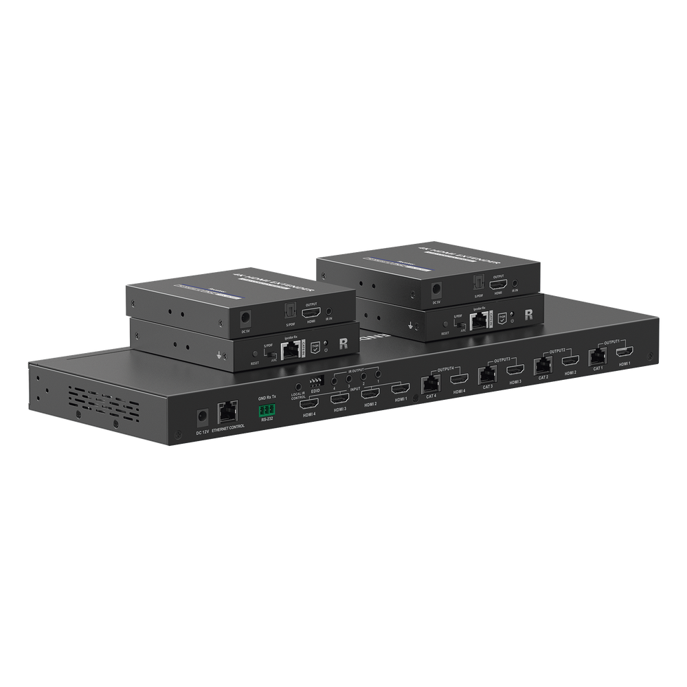 MATRICIAL Y EXTENSOR DE VIDEO HDMI 4 x 4 / 4 Entradas HDMI / 4 Salidas HDMI Loop / 4 Salidas RJ45 para Extender la señal 70 metros por salida /4K / Conmutación por RS232, Control Remoto o Ethernet.