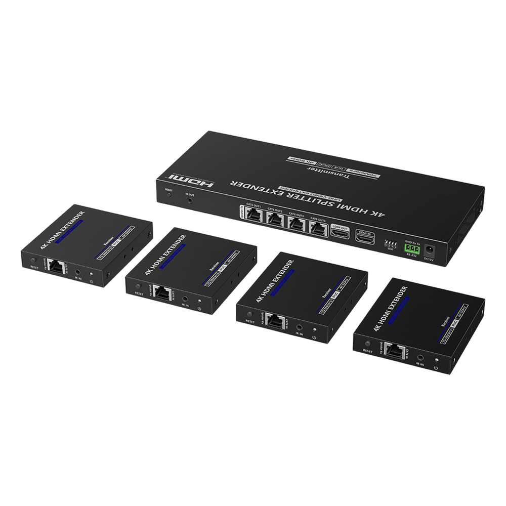 Kit Divisor y Extensor HDMI | 1x4 | Hasta 70 m |Resolución 4K @ 60 Hz | Cat 6/6a/7 | IPCOLOR | CERO LATENCIA | EDID | RS232 | Salida Loop / PoC