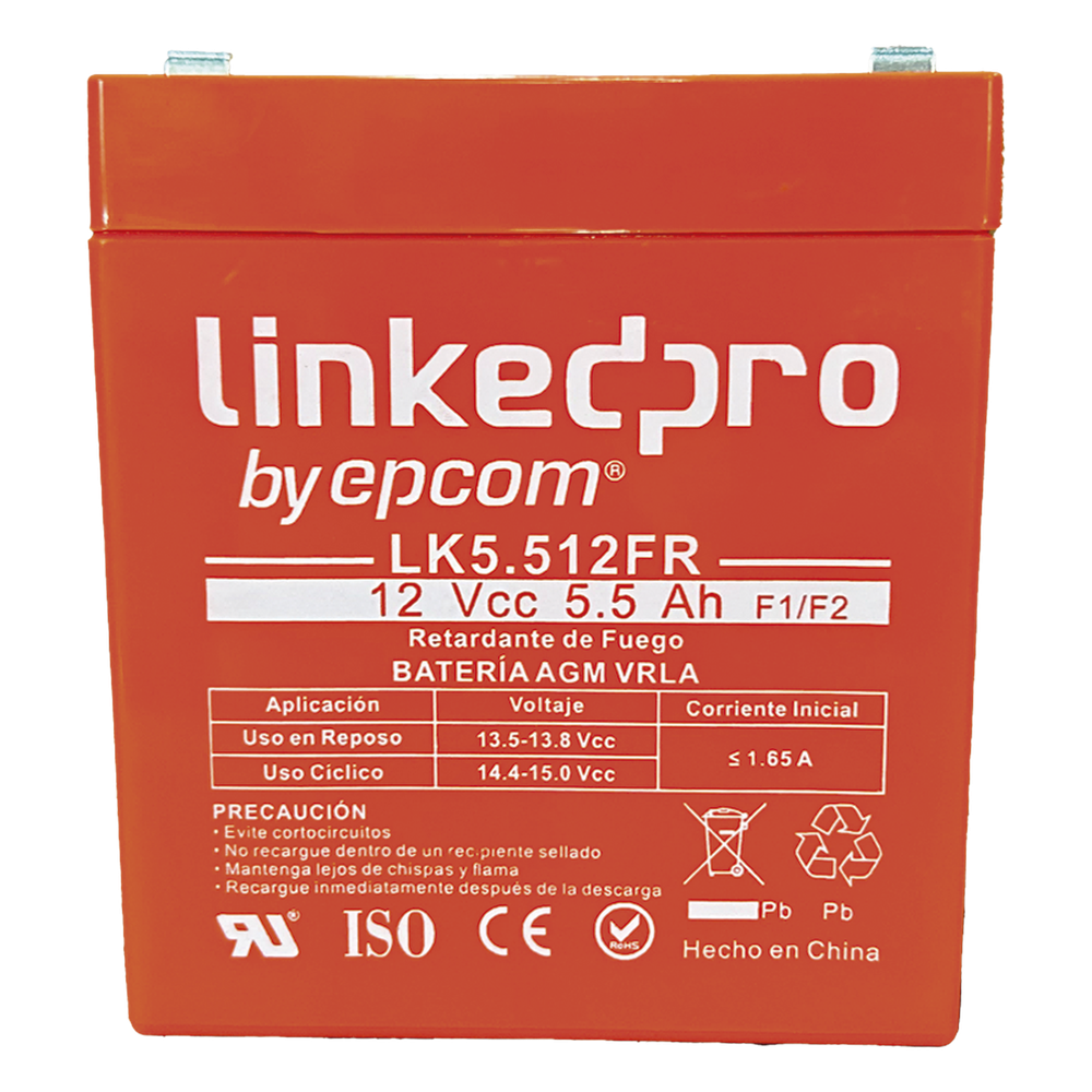 Batería de respaldo 12 V | 5.5 Ah | AGM | Certificada UL94-V0 Retardante a la Flama | Especial para Seguridad Electrónica | UPS | Sistemas de Emergencia | Vida útil 5 años | Terminales F1 + Adaptador F2