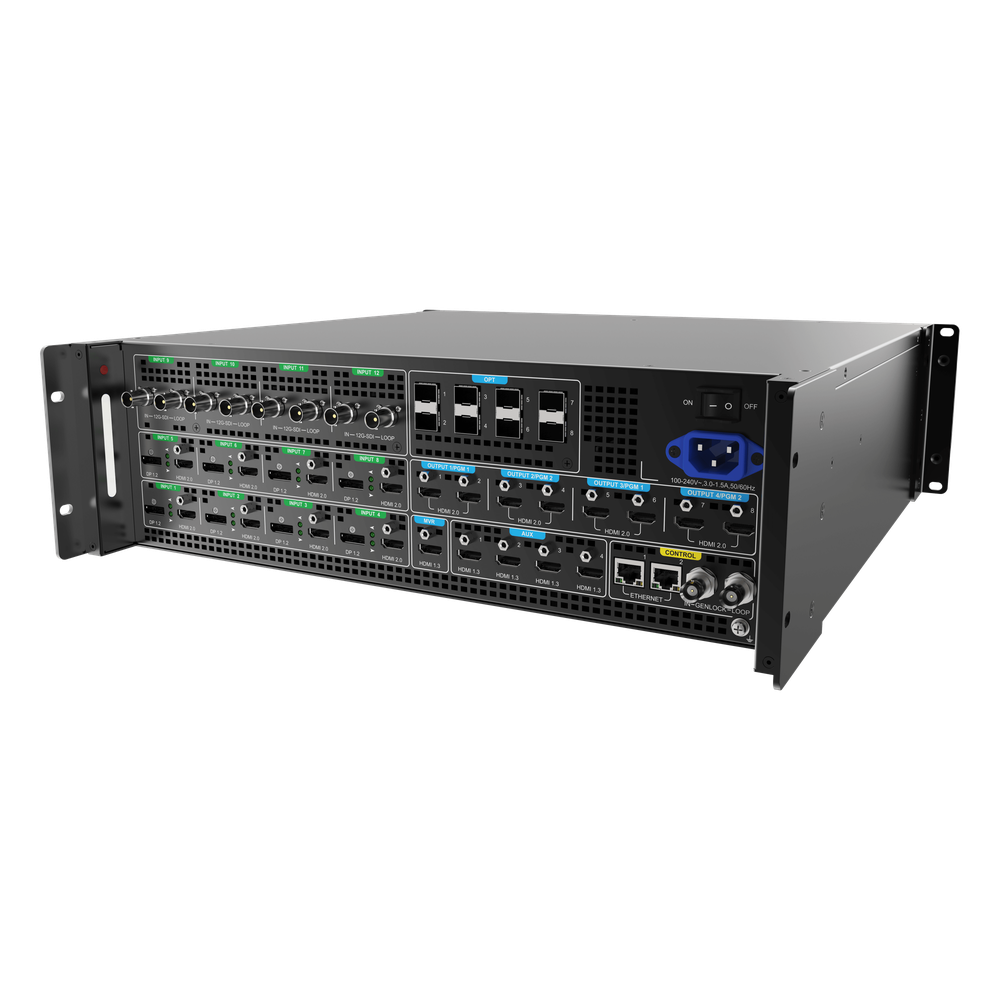 Switcher de Presentación 4K / Hasta 12 Capas DL (2 MAIN + 10 PIP) / 10G Fibra Óptica 10 km / HDMI 2.0 DP 1.2 12G-SDI / Modos Duales Switcher y PGM / Dante Audio 32x32 / Multiviewer Dedicado / Backup Automático - Imagen 3
